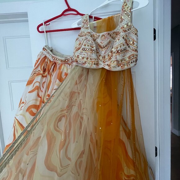 White & Orange Lehenga with Ombré Dupatta – Size Small - Picture 5 of 6